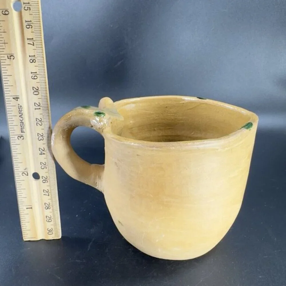 Vintage Stoneware Hand Made Pottery Pitcher Creamer Heart Shaped Green Spots VTG